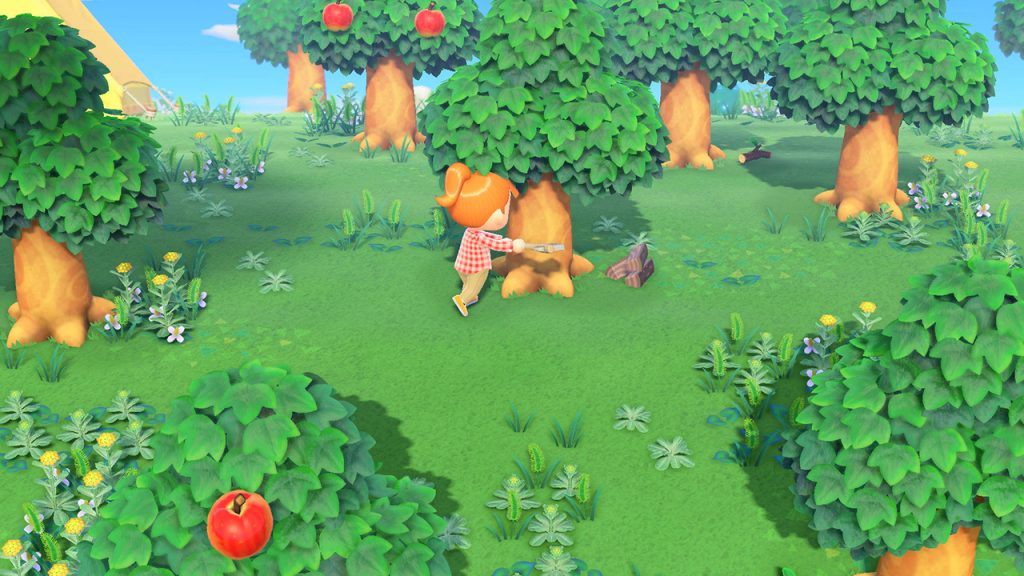 Animal Crossing character chopping down a tree with an axe