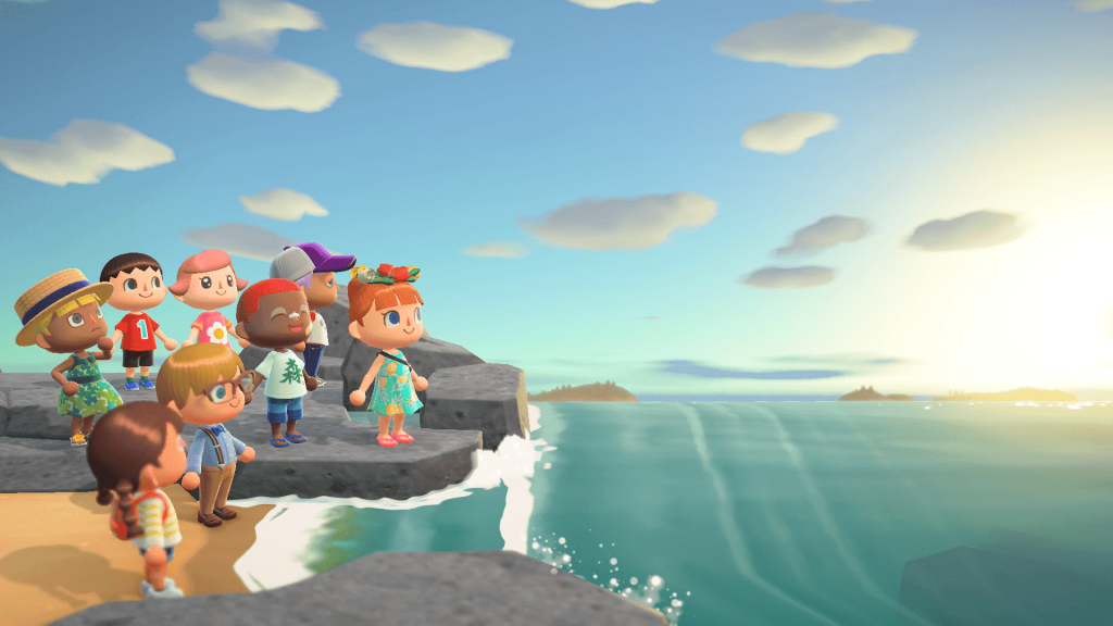 animal crossing friends gather on a rock by the ocean