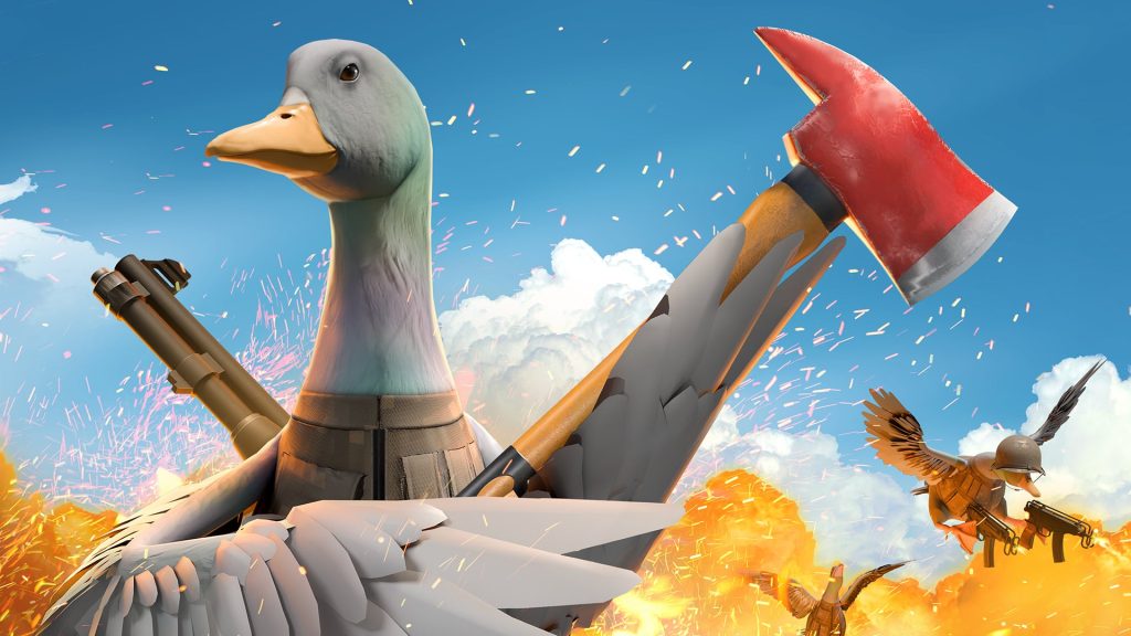 duck in duckside holding an axe with fire behind him