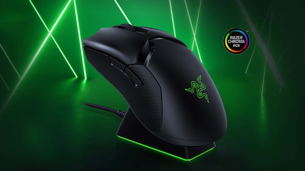 The Razer Viper Ultimate Gaming Mouse on a green background