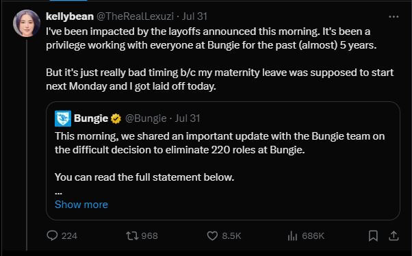 Bungie Developer Laid Off Days Before Maternity Leave image 2