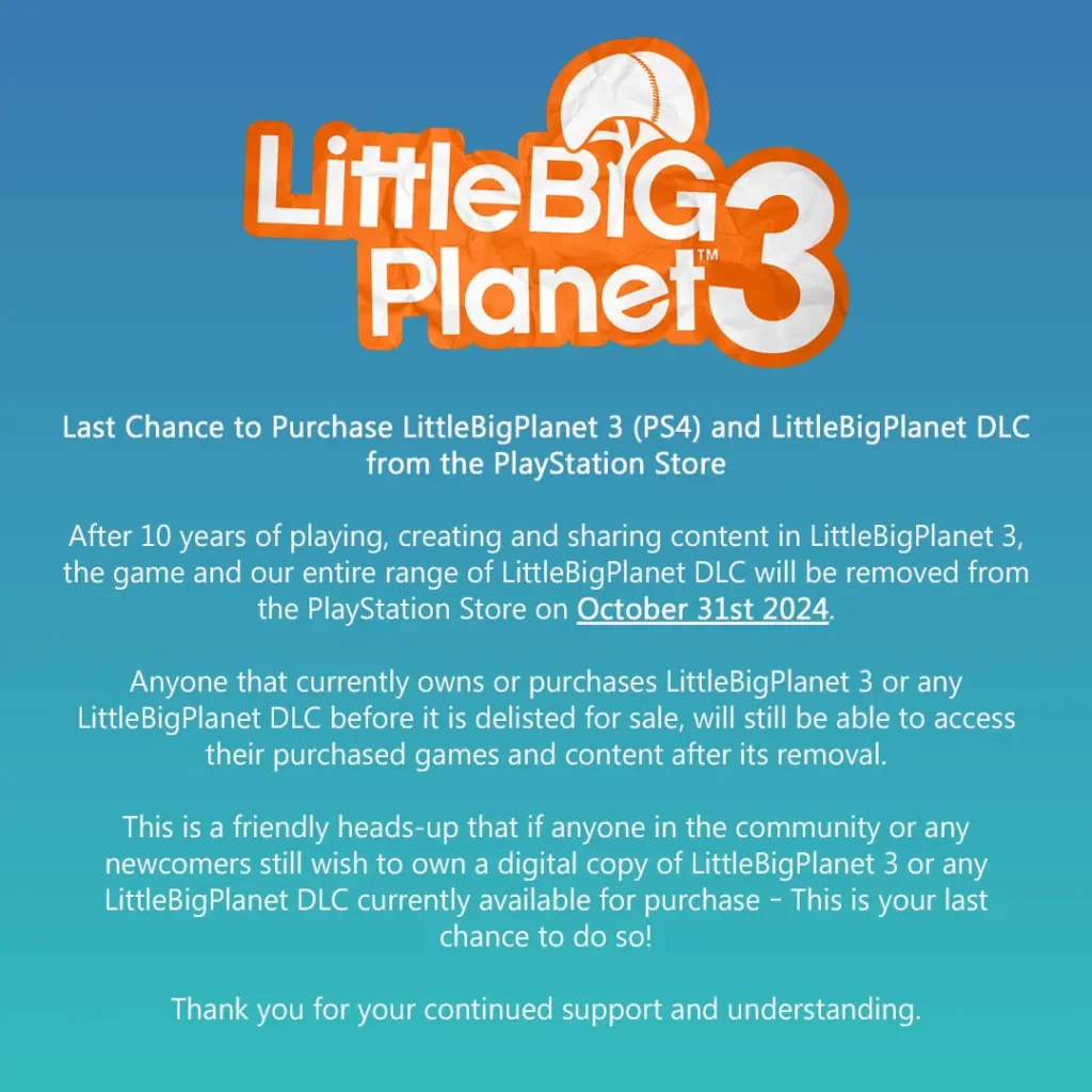 PlayStation Store removes LittleBigPlanet 3