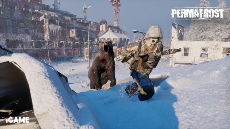 Survivor fleeing from an attacking bear in the snow in Permafrost