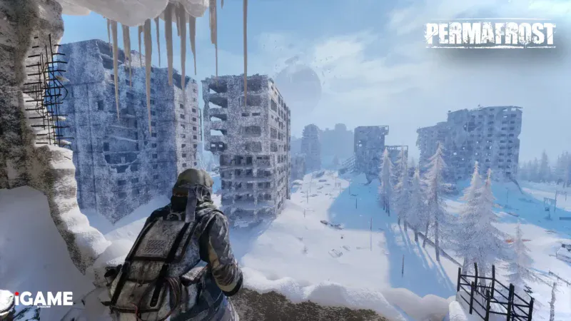 Survivor exploring the ruins of a snow-covered city in Permafrost