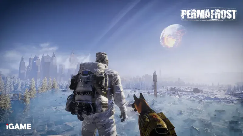 Survivor and dog overlooking a frozen city in Permafrost