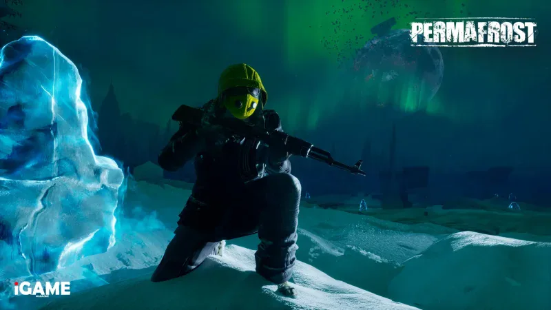 Armed survivor exploring the frozen landscape beneath an aurora in Permafrost