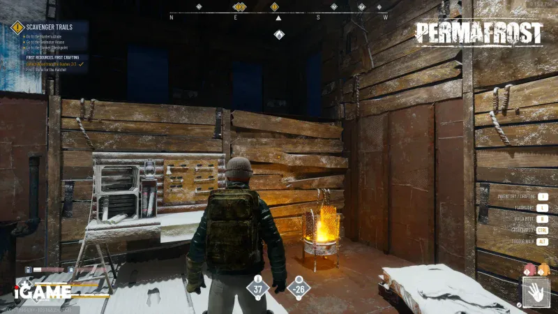 Survivor using a crafting station inside a heated shelter in Permafrost