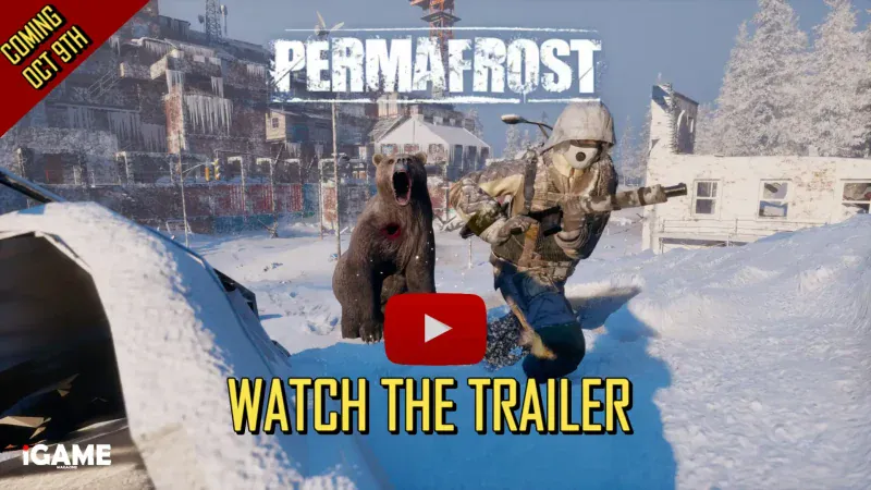 Watch the Permafrost trailer, featuring a survivor fleeing a bear through a snow-covered town