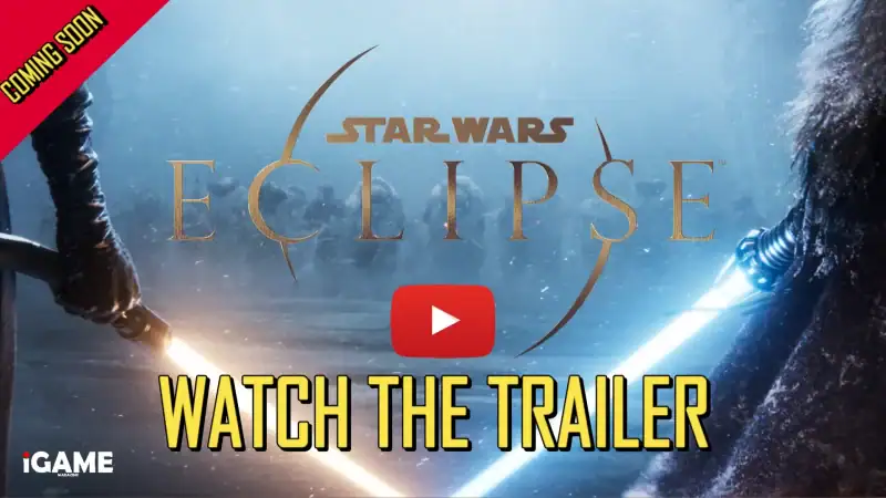 Star Wars Eclipse trailer thumbnail showing two characters duelling with lightsabers in a snowy landscape