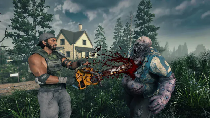 A survivor cuts into a hulking zombie with a chainsaw outside a farmhouse in 7 Days to Die