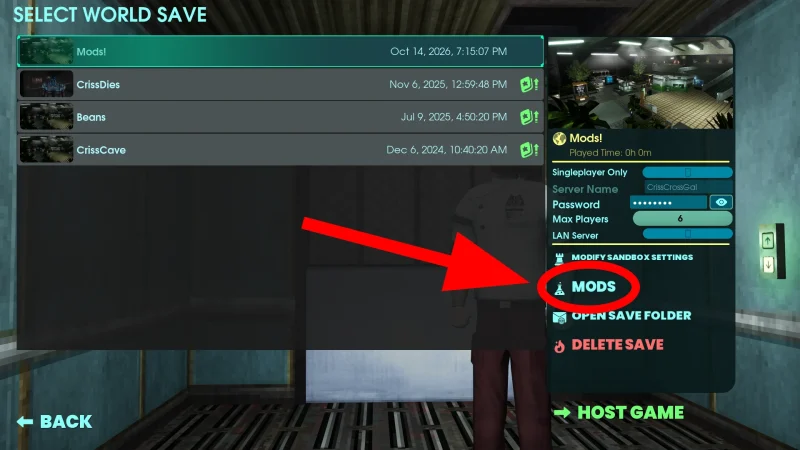 The Select World Save screen in Abiotic Factor with the Mods button highlighted for a saved world