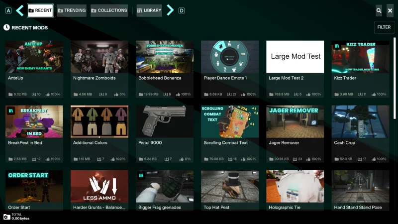 The Abiotic Factor Mod Library showing recent mods such as Nightmare Zomboids, Pistol 9000 and Jager Remover