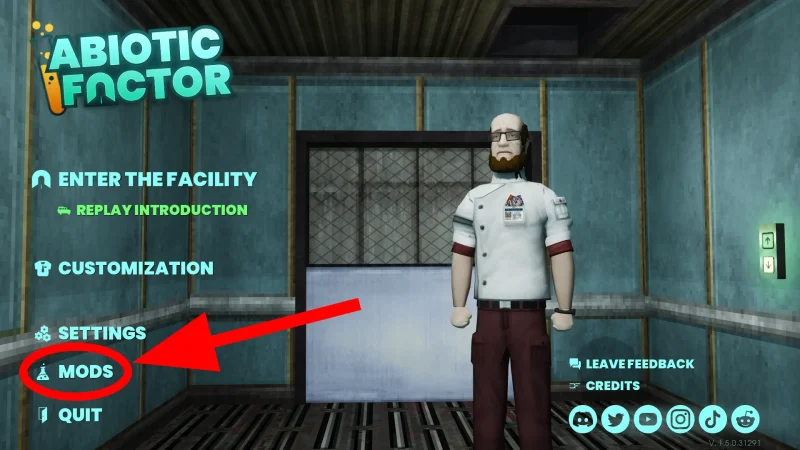 The Abiotic Factor main menu with the new Mods button highlighted below Settings