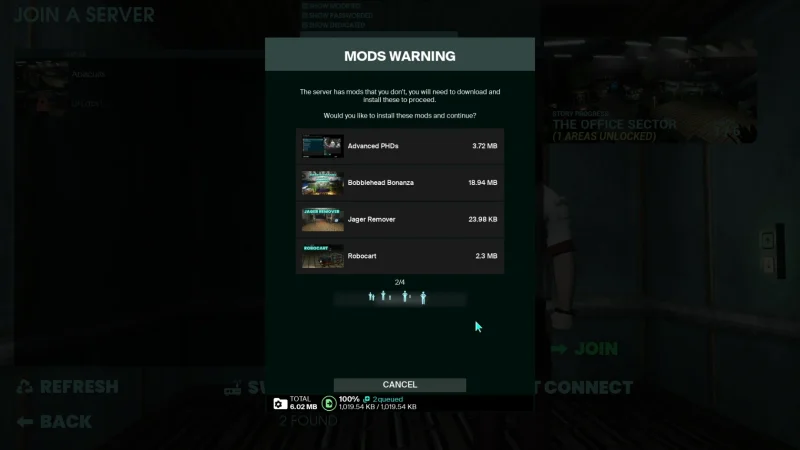 The Mods Warning pop-up in Abiotic Factor listing the mods a server uses before you join
