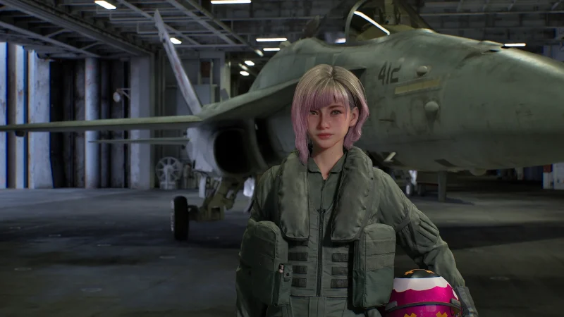A pilot stands in front of a fighter jet in a hangar in Ace Combat 8: Wings of Theve