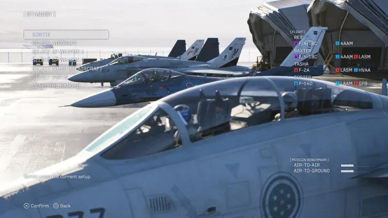 Fighter jets lined up on the runway on the sortie and loadout screen in Ace Combat 8: Wings of Theve