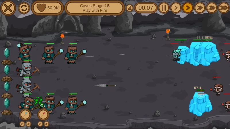 Golems in a dark cave freeze attacking enemies in blocks of blue ice in Anvira: Forge Defense