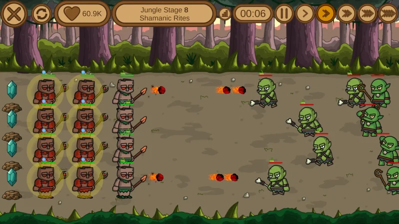 Rows of glowing golems hold a jungle path against a wave of green goblins in Anvira: Forge Defense