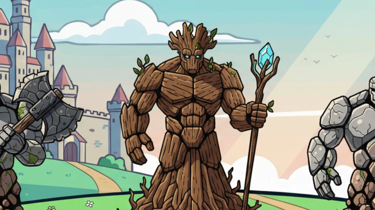 A stone golem with an axe, a wooden golem with a crystal staff and a shield-bearing stone golem in front of a castle in Anvira: Forge Defense key art