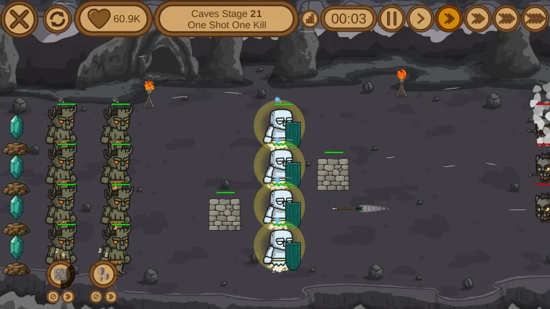 Wooden golems behind a line of white shield golems in a cave stage of Anvira: Forge Defense