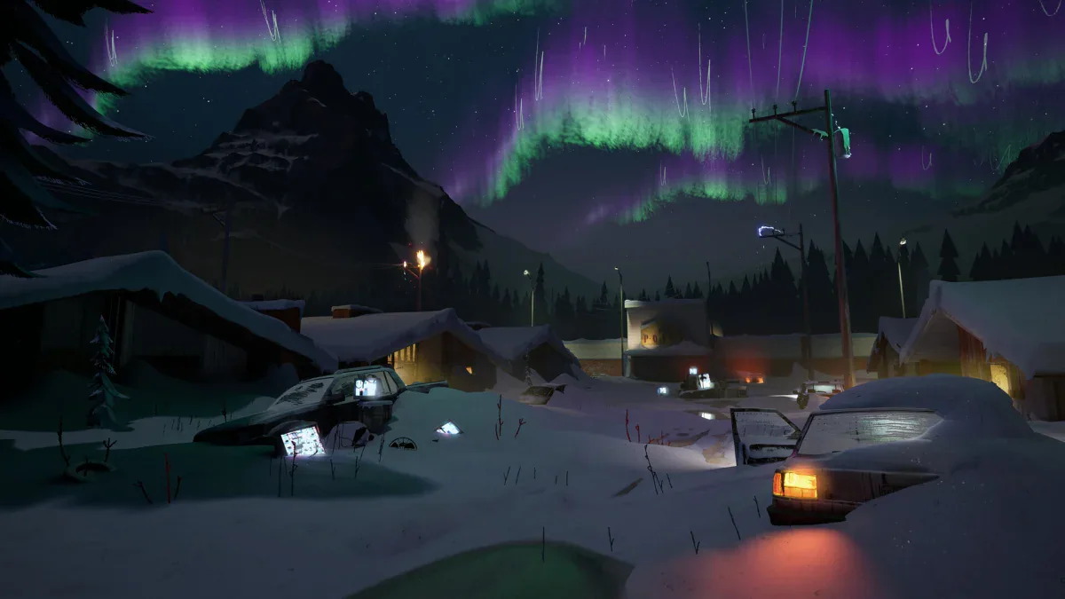 The aurora glows over a snowbound town at night in BLACKFROST: The Long Dark 2