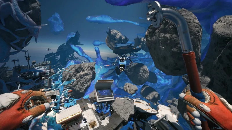 A spacesuited player floats among wreckage and debris in Breathedge 2