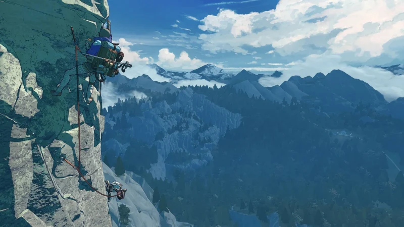 A climber hangs from a cliff high above a mountain valley in Cairn