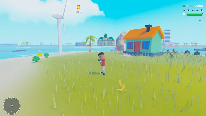 A player stands in a grassy field next to a colourful house and a wind turbine in Cartoon Crime