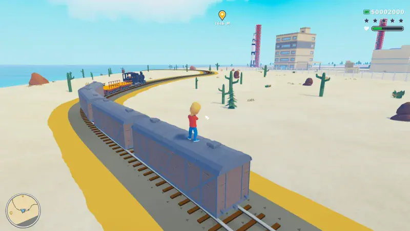 A player rides on top of a steam train crossing the desert in Cartoon Crime