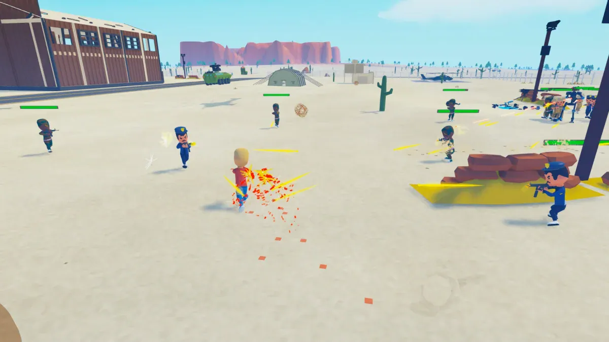 A cartoon character fights police officers in a desert town in Cartoon Crime