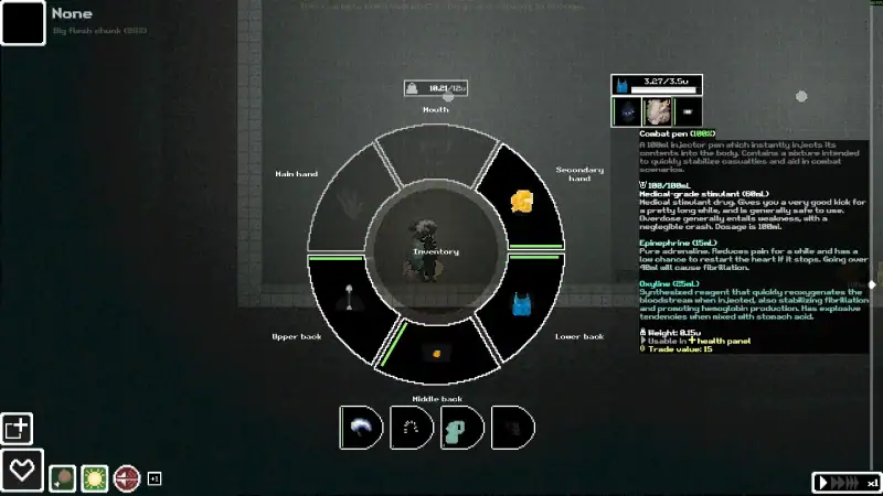 The radial inventory wheel with medical items and their descriptions in Casualties: Unknown