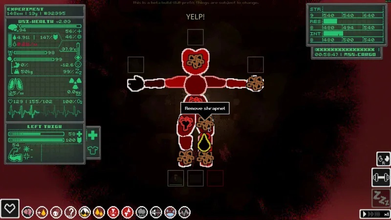 The body health screen showing shrapnel wounds on the legs and a Remove shrapnel prompt in Casualties: Unknown