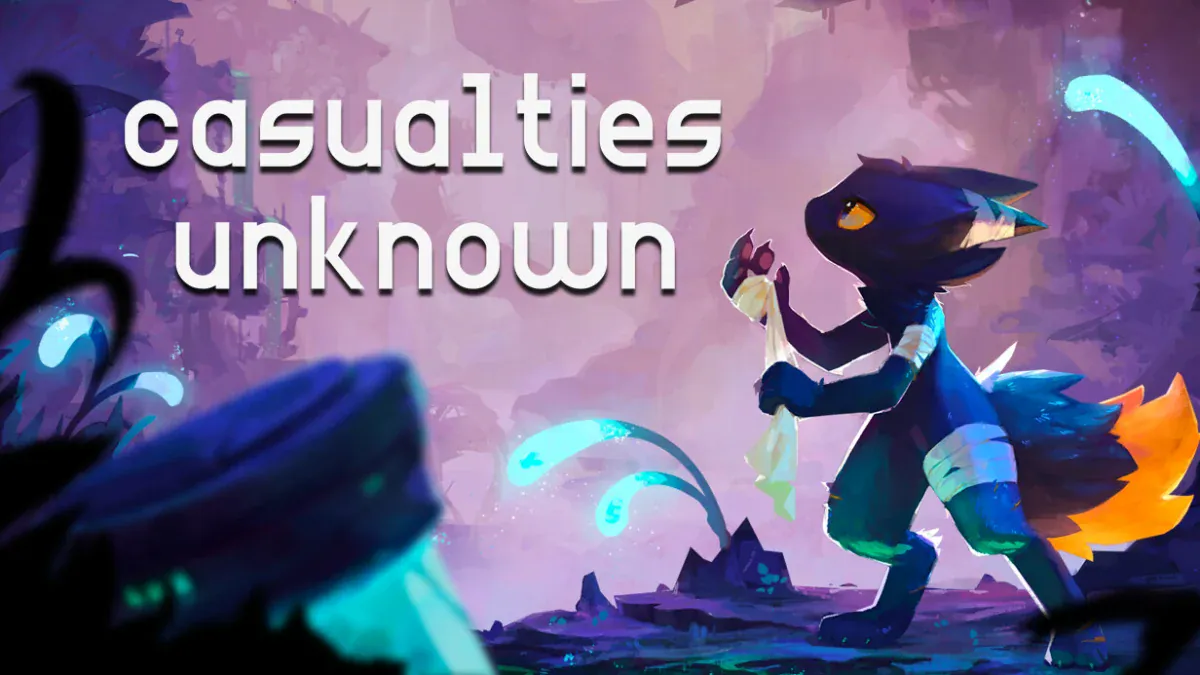 Casualties: Unknown key art with a bandaged creature holding a blade as a giant cave monster looms behind