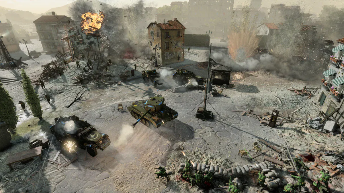 Tanks and infantry battle through a ruined village in Company of Heroes 3