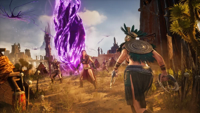Warriors face a purple rift in a desert ruin in Conan Exiles Enhanced
