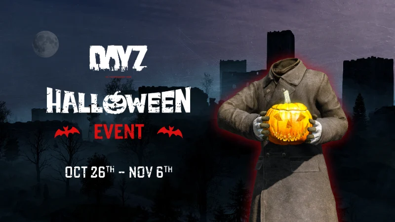 DayZ Halloween Event banner with a headless survivor holding a jack-o'-lantern, October 26 to November 6