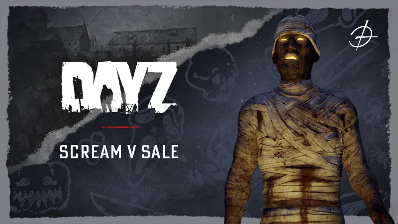 A mummy infected with glowing eyes next to the DayZ Scream V Sale logo