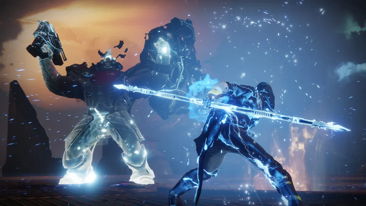 A Guardian with a glowing blade faces a giant enemy in Destiny 2