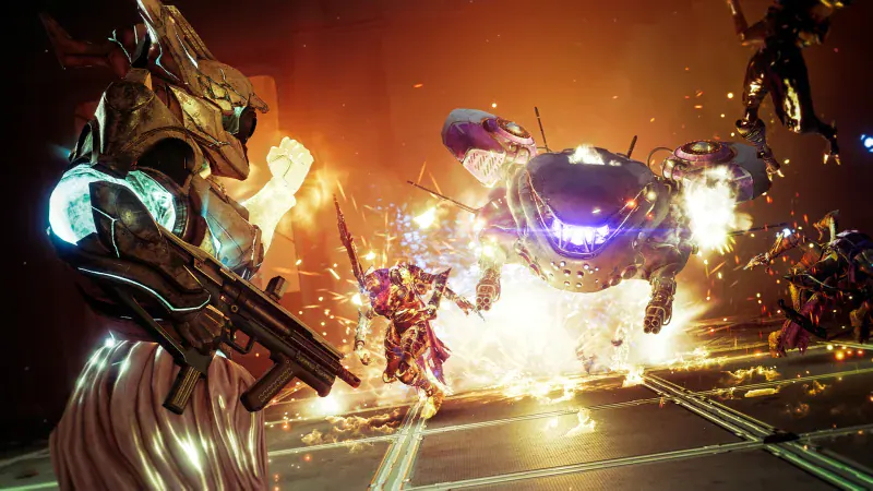 A Guardian fights amid explosions and floating enemies in Destiny 2