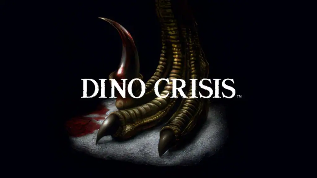 Dino Crisis logo above a dinosaur's clawed foot