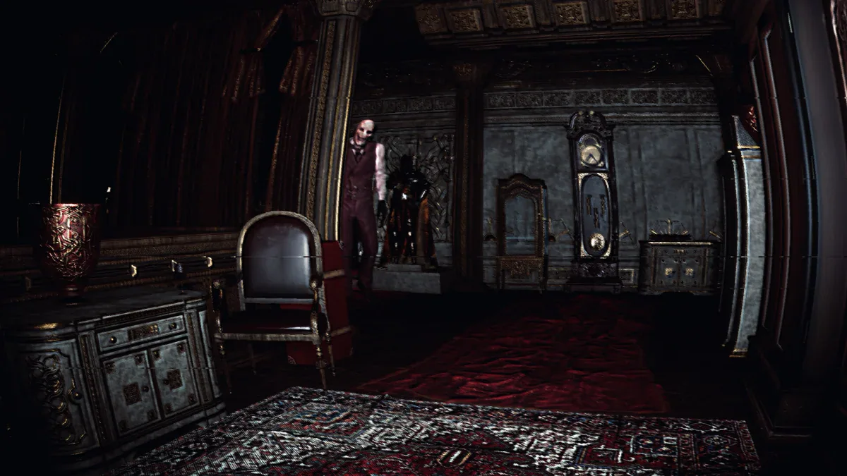 A tall pale figure stands in a dark gothic mansion room in The Smiling Flesh