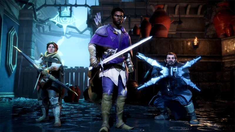 Three companions stand ready with a sword, a bow and a crossbow on a rain-soaked street in Dragon Age: The Veilguard