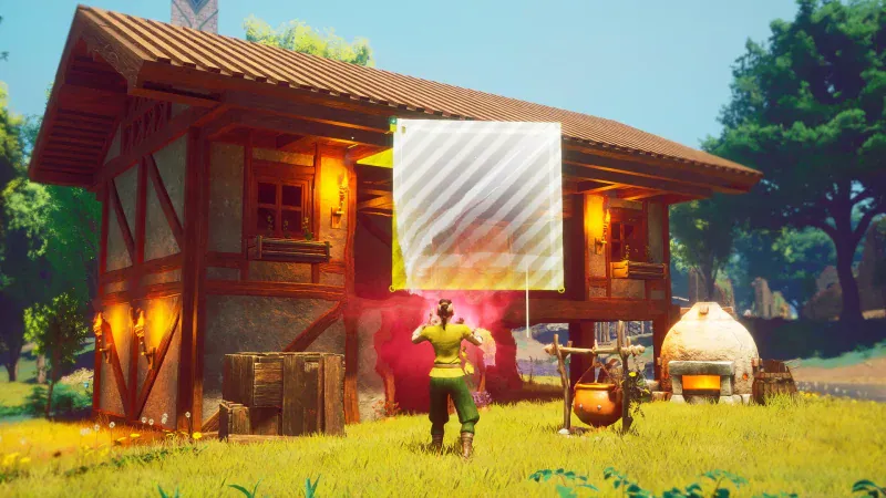 A player-built timber house and campfire in RuneScape Dragonwilds