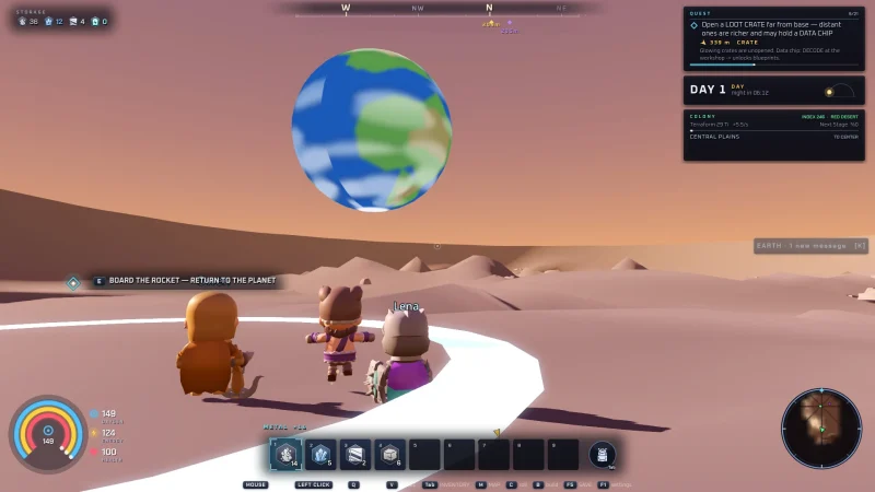 Three players stand on a red desert under a huge blue and green planet in DUSTBLOOM