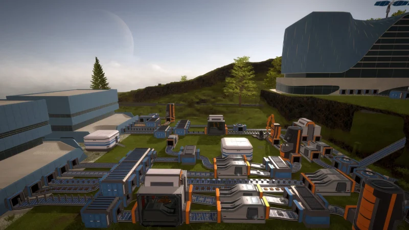 A factory and terraforming machines on a green planet in Eden Crafters