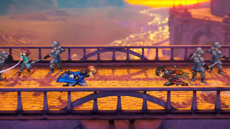 A party battles enemies on a bridge at sunset in Eiyuden Chronicle: Hundred Heroes