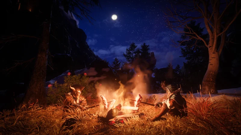 A campfire glows in a moonlit forest in Enshrouded