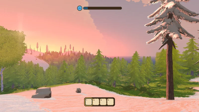 A pine-covered island beach at sunset in Escape the Flood!