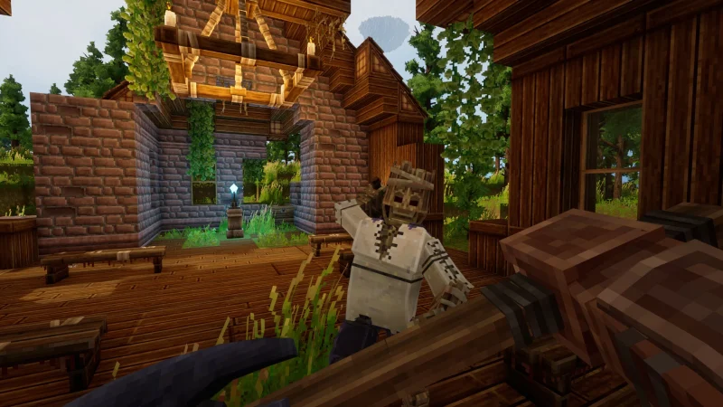 A wooden base on a flying island, with a skeleton enemy, in Everwind