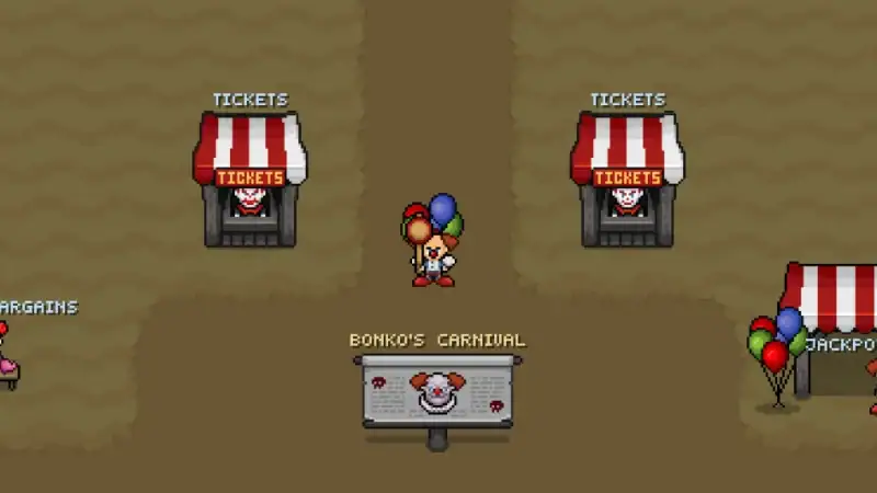 Ticket booths, Bubbles' Bargains and Jackpot Jingles' prize shop at the entrance to Bonko's Carnival in Fantasy Online 2